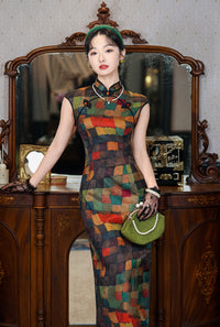Colorful Sleeveless Plaid Qipao Dress