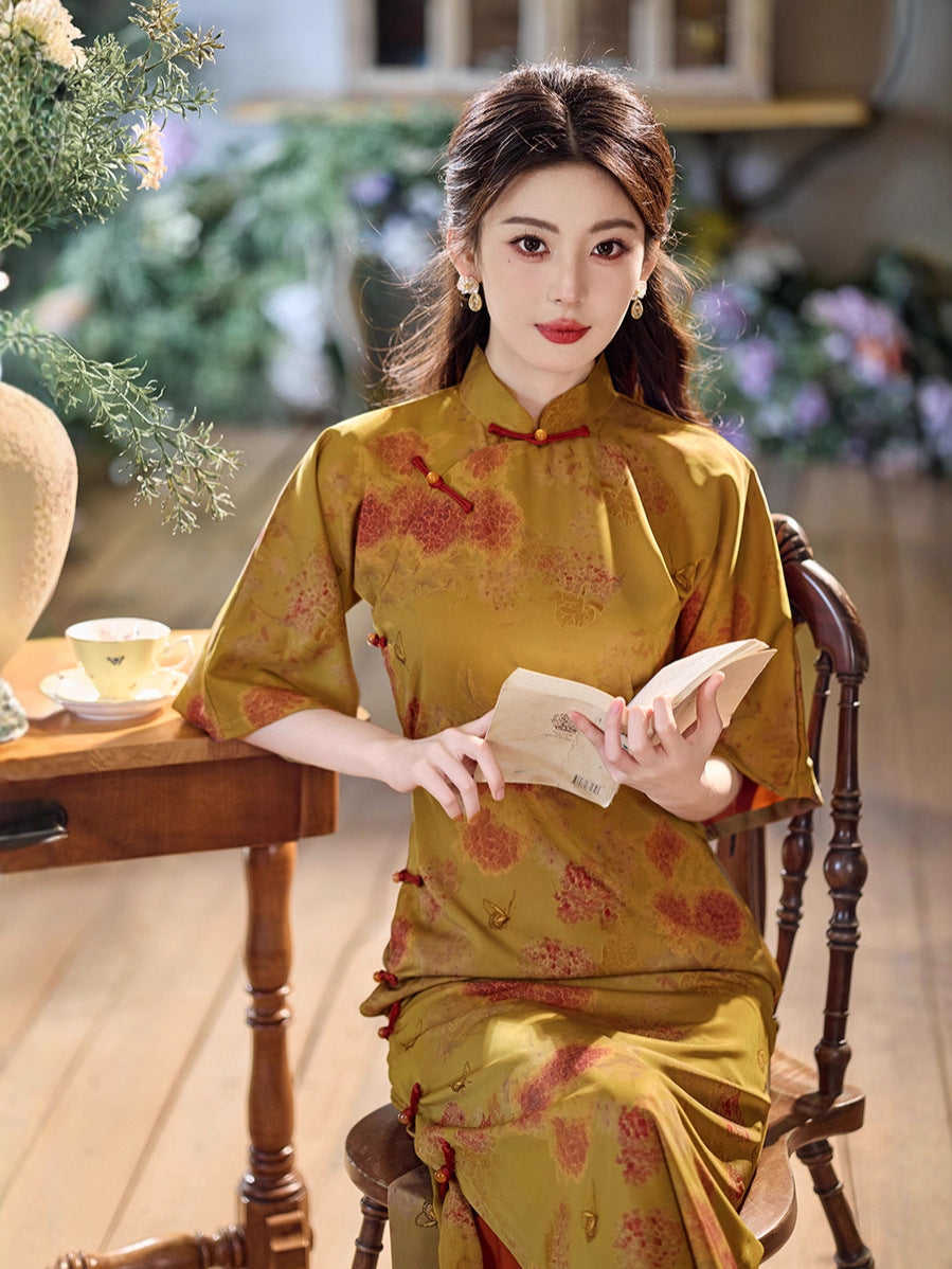 Mustard Yellow Ink-Wash Floral Qipao Dress | Mandarin Collar Frog Buttons