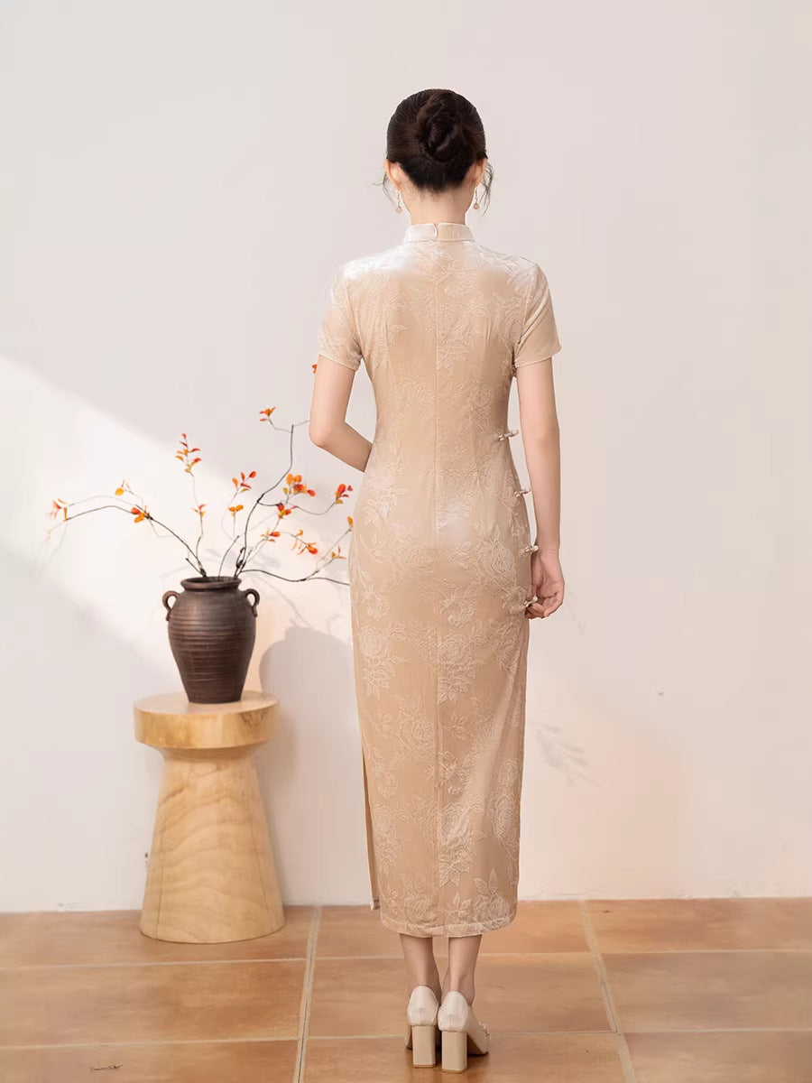 Beige  Short Sleeve Qipao Dress | Mandarin Collar Slim Midi Cheongsam