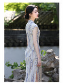 Spring Elegant Purple-Stripe Qipao | Slim Mandarin Collar Cap Sleeves