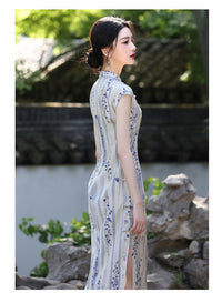 Spring Elegant Purple-Stripe Qipao | Slim Mandarin Collar Cap Sleeves