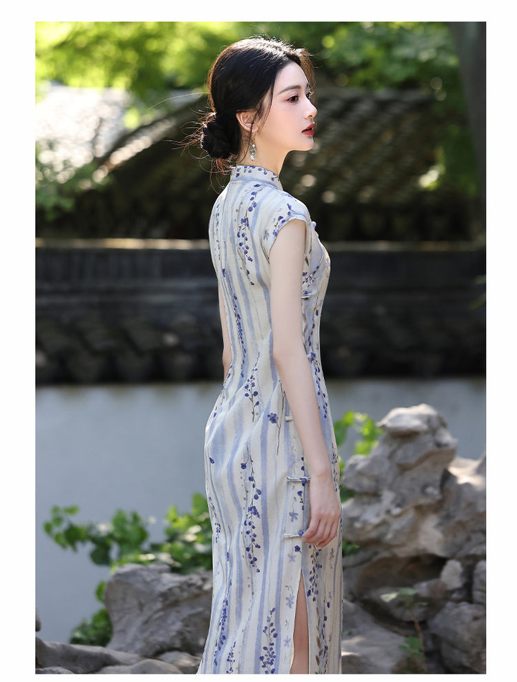 Spring Elegant Purple-Stripe Qipao | Slim Mandarin Collar Cap Sleeves