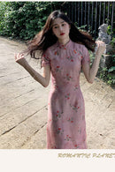 Elegant Pink Cherry Blossom Cheongsam Dress with Delicate Button Detailing