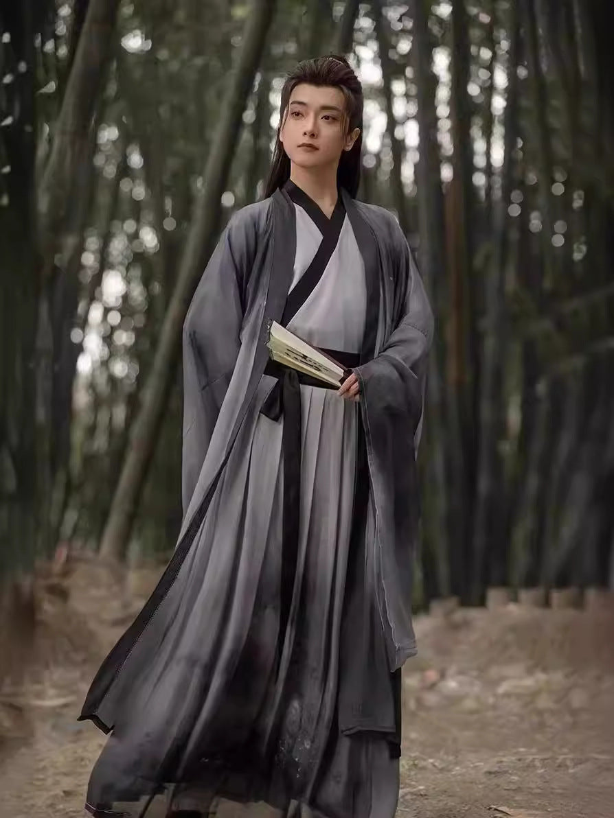 Traditional Chinese Hanfu Men’s Black and Gray Silk Robe with Embroidered Designs and Sword Belt
