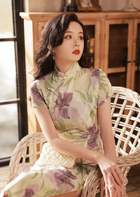 Breathable Linen-Feel Floral Qipao | Soft Green & Lilac Iris