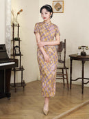 Vintage Checkered Qipao Long Dress | Golden-Violet Gradient Plaid