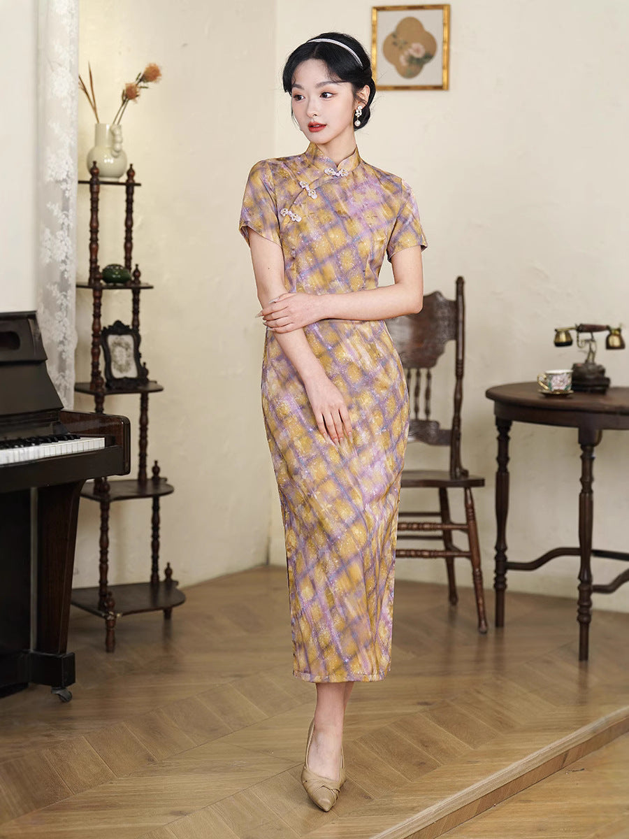 Vintage Checkered Qipao Long Dress | Golden-Violet Gradient Plaid