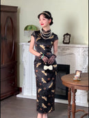 Silk Cheongsam Dress with Floral Butterfly Pattern