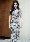 Ink-Wash Modern Qipao Midi | Short Sleeves & Black-Grey