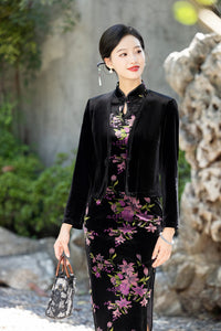 New-Chinese Black Qipao Jacket | Fitted V-Neck with Beaded Frog Buttons & Tassels
