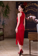 Festive Red Halter-Neck Jacquard Modern Qipao Maxi | Bias-Cut Slim Silhouette with Side Slit