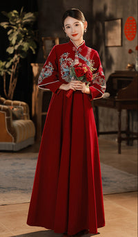 Red Embroidered Maternity Chinese Style Gown | Mandarin Collar 3/4 Sleeves