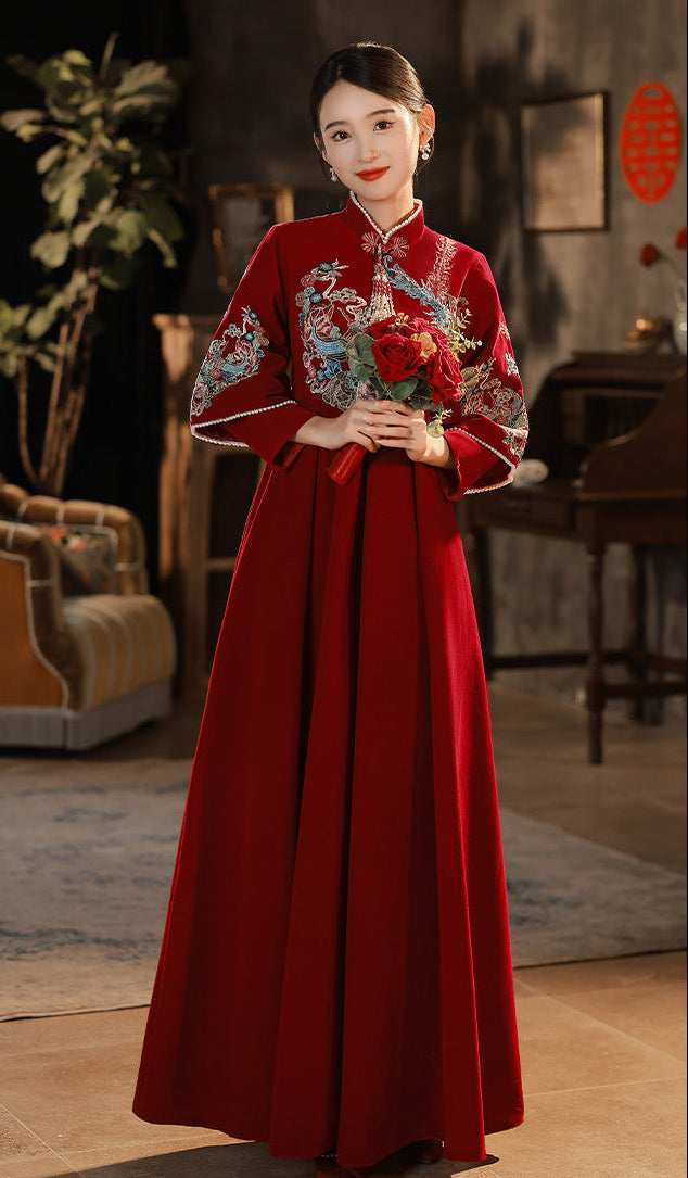 Red Embroidered Maternity Chinese Style Gown | Mandarin Collar 3/4 Sleeves