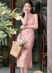 Chinese Style Pink Gradient Halter Cold-Shoulder Qipao Dress