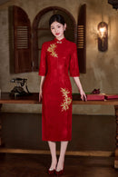 Crimson Bamboo-Embroidered Modern Qipao Midi | Mandarin Collar with Beaded Button