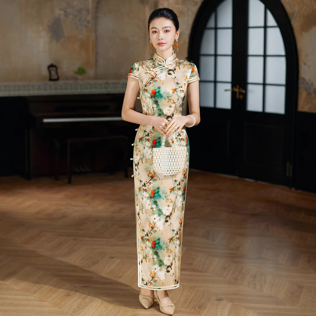 Floral Silk Cheongsam Dress, Traditional Chinese Silk Qipao, Elegant Silk Dress with Floral Print