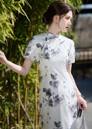 Ink-Wash Floral Qipao | Short-Sleeve Slim Mandarin-Collar Gown