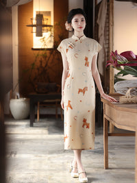 Playful Horse Print Qipao | Cream Vintage Chinese Cheongsam Midi Dress
