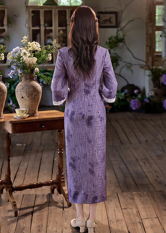 Purple Vintage Jacquard Qipao | Slim Mandarin Maxi