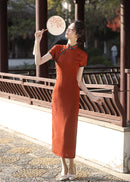 Vintage Brick-Red Slim Cheongsam | Mandarin Collar Diagonal Placket Frog Buttons