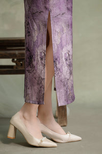 Purple Floral Sleeveless Slim Long Qipao Dress | Mandarin Collar Frog Button Bodycon Side Slit Wedding Banquet Party Gown