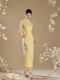 Yellow Jacquard Sleeveless Qipao Maxi Dress | Mandarin Collar Slim Slit Cheongsam