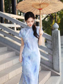 Blue Ink-Shadow Print Sleeveless Qipao Dress | Mandarin Collar Slim Maxi Cheongsam