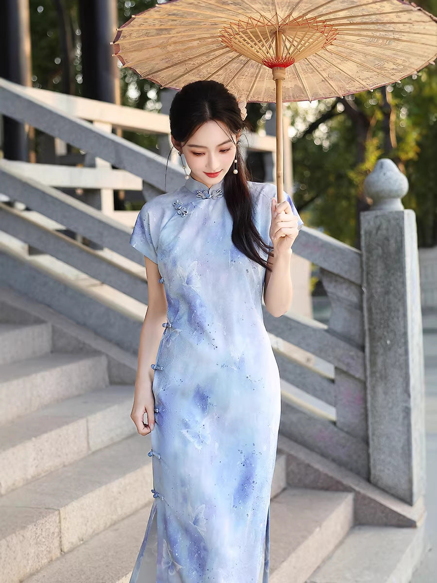 Blue Ink-Shadow Print Sleeveless Qipao Dress | Mandarin Collar Slim Maxi Cheongsam