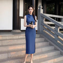 Deep Navy Minimalist Sleeveless Qipao Dress | Mandarin Collar Slim Maxi Cheongsam