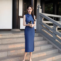 Deep Navy Minimalist Sleeveless Qipao Dress | Mandarin Collar Slim Maxi Cheongsam