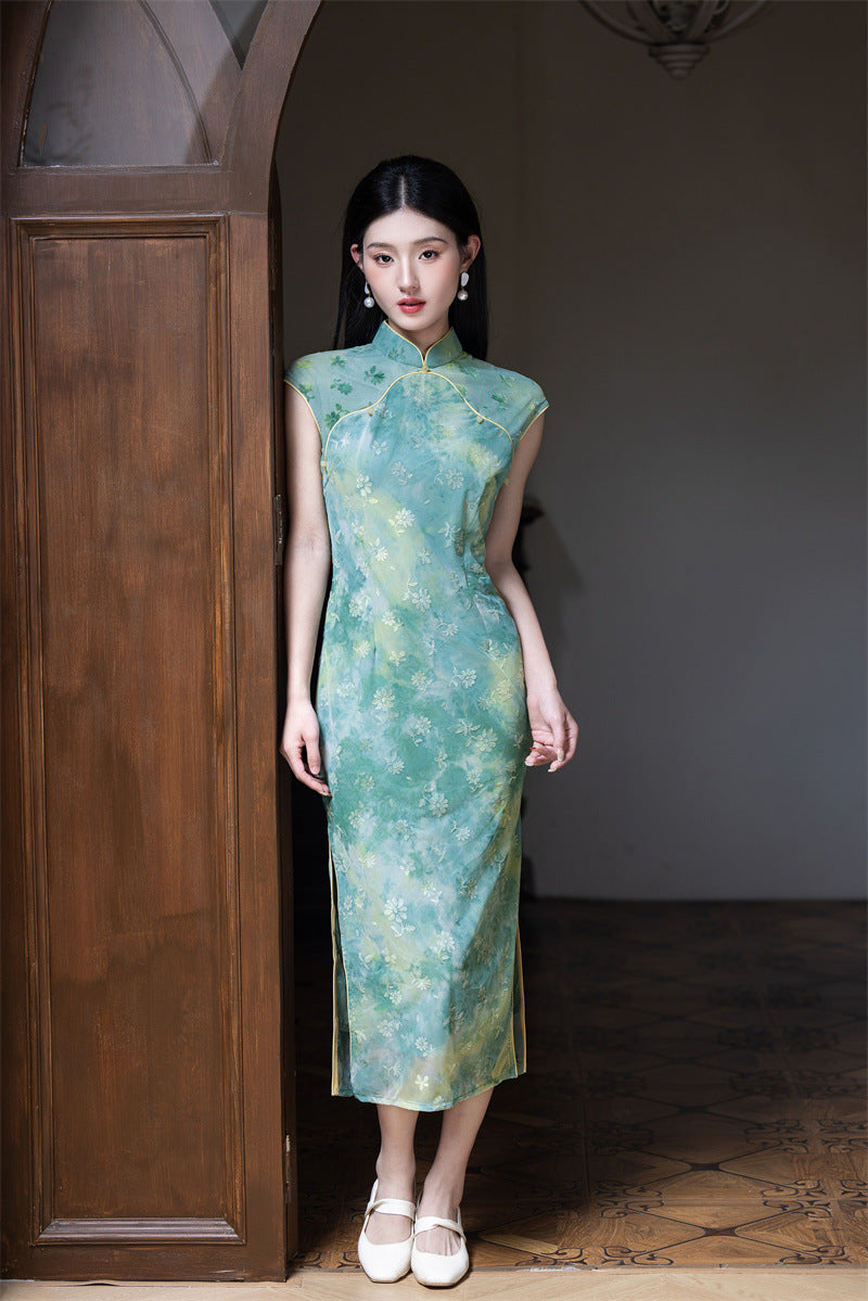 Misty Blue-Green Watercolour Floral Qipao Dress Sleeveless Slim Mandarin Collar Piping