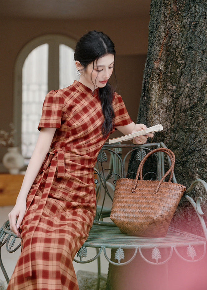 Red Check Modern Chinese Qipao Dress | Picnic & Day Trip Ready