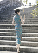 Peacock-Blue Vintage Jacquard Sleeveless Qipao | Slim Long Dress with Mandarin Collar, Frog Buttons & Side Slit