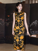 Black Base Golden Rose Print Sleeveless Qipao Dress | Mandarin Collar Slim Midi Cheongsam