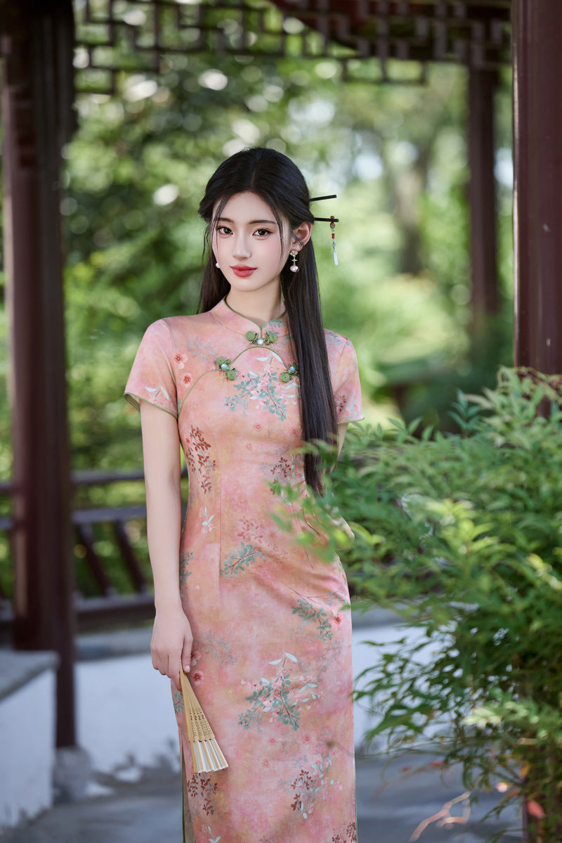 Peach Floral Short Qipao Dress for Women | Green Piping Frog Buttons Mandarin Collar Slim Fit