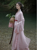 Elegant Pastel Pink Hanfu Dress with Floral Embroidery and Flowing Sleeves