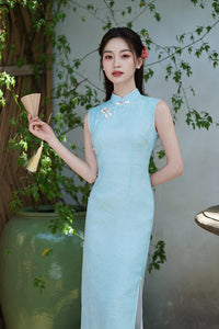 Aqua Jacquard Modern Qipao Maxi | Mandarin Neck with Floral Frog Buttons