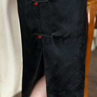 Vintage Black Double-Layer Jacquard Cheongsam Dress | Sleeveless