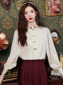 Silk Mandarin Collar Blouse With Embroidered Buttons - Elegant Traditional Design