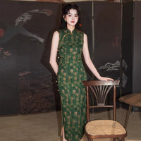 Green Checker Jacquard Sleeveless Qipao Dress | Mandarin Collar Slim Maxi Cheongsam