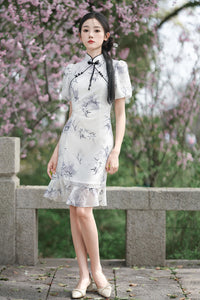 Light Bamboo Leaf Floral Qipao Dress for Women | Mandarin Collar Frog Button Slim Fit with Ruffle Detail