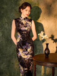 Black Vintage Floral Print Qipao Dress | Sleeveless Mandarin Collar Slim Midi Cheongsam