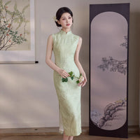 Mint Green Tonal Jacquard Sleeveless Qipao Maxi Dress | Mandarin Collar Slim Slit Cheongsam