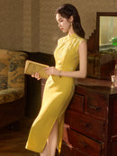 Butter Yellow Floral Embroidered Sleeveless Qipao Maxi Dress