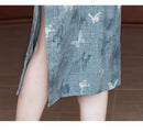 Mist-Blue Butterfly Print Modern Qipao Midi | Mandarin Collar Slim Silhouette