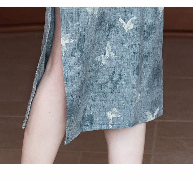 Mist-Blue Butterfly Print Modern Qipao Midi | Mandarin Collar Slim Silhouette