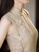 Cream Open-Knit Qipao Dress | Sleeveless Slim Midi