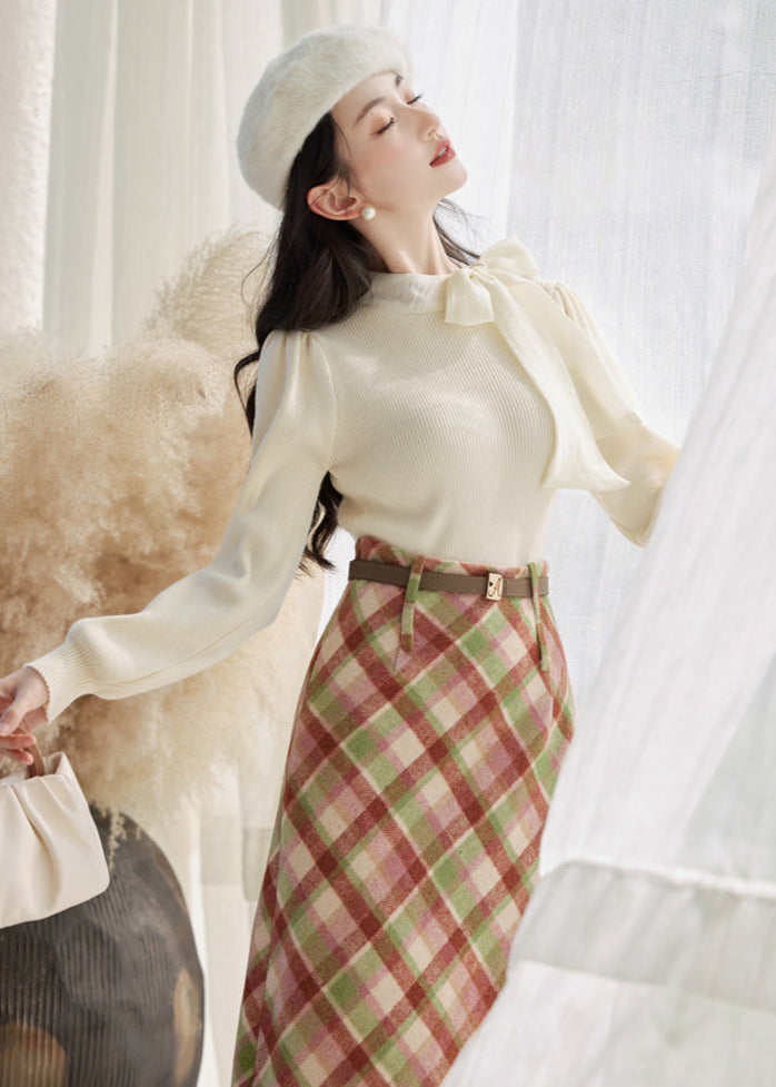 High-Waist Plaid Wool Skirt Set | Two Knit Tops Options