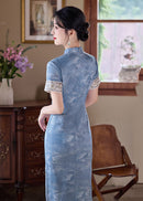 Mist-Blue Vintage Jacquard Qipao | Slim Mandarin Maxi