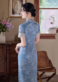 Mist-Blue Vintage Jacquard Qipao | Slim Mandarin Maxi